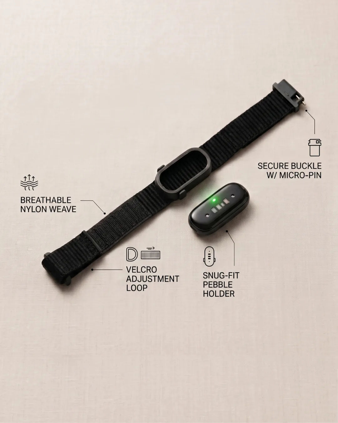 The PIV nylon band, labelled: breathable nylon weave, velcro adjustment loop, snug-fit pebble holder, secure buckle